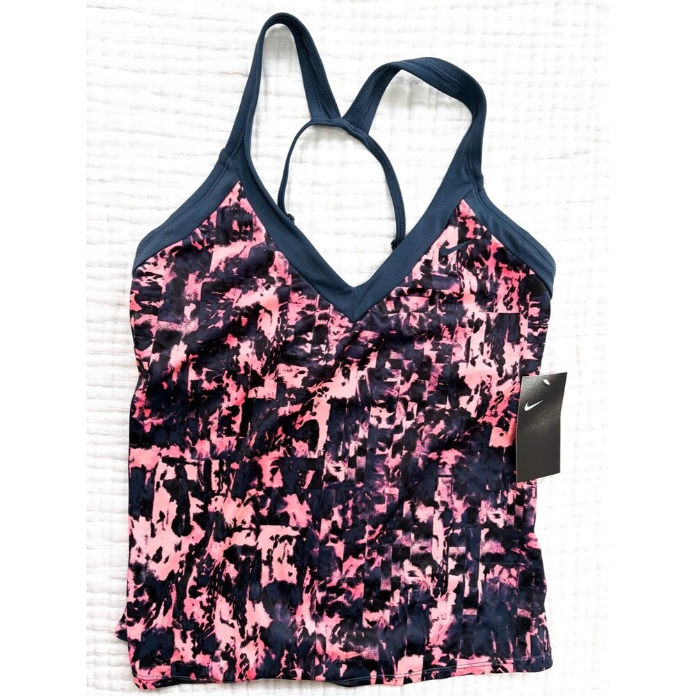 Nike Tankini Top Medium NWT Pink Black Print Racerback Swim